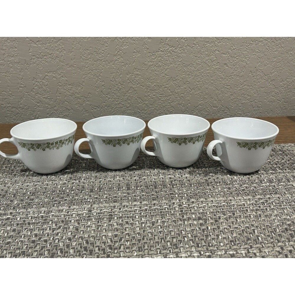 Corelle Crazy Daisy Coffee Mugs Green Floral Pattern Set Of 4 Pyrex 2.75” Tall